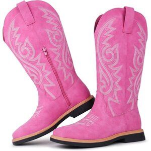 Women's Fuchsia Embroidered Square Toe Side Zipper Western Mid Calf Dress Boots